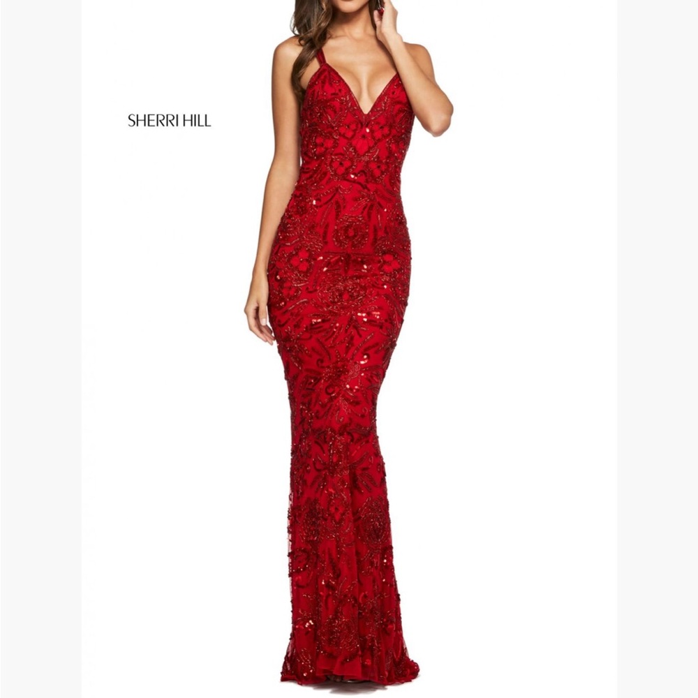 ❗️SOLD❗️Sz 8 Red Sherri Hill Sequin Gown style 53689